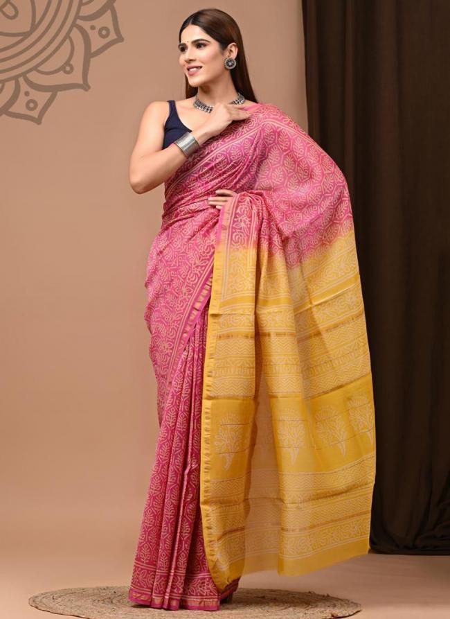 Chanderi Silk Pink Festival Wear Printed Saree